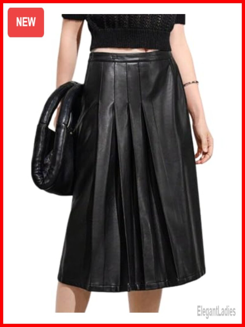 Faux Leather High Waist Pleated Midi A-Line Skirt